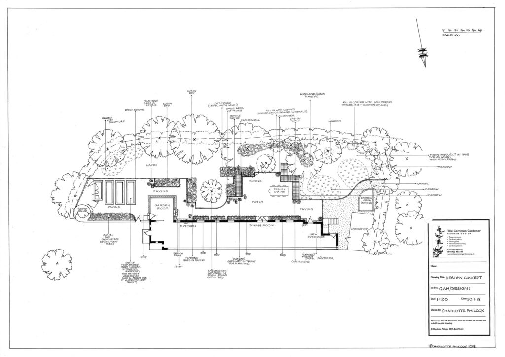 Black and white version of a design concept for the garden of a large cottage x